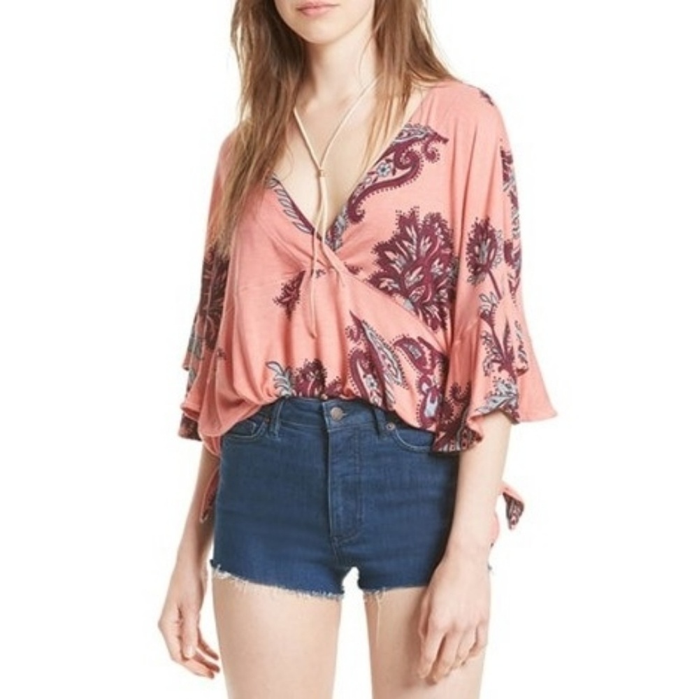 Free People Maui Wowie blouse coral pink Tropical floral Women's Size Small